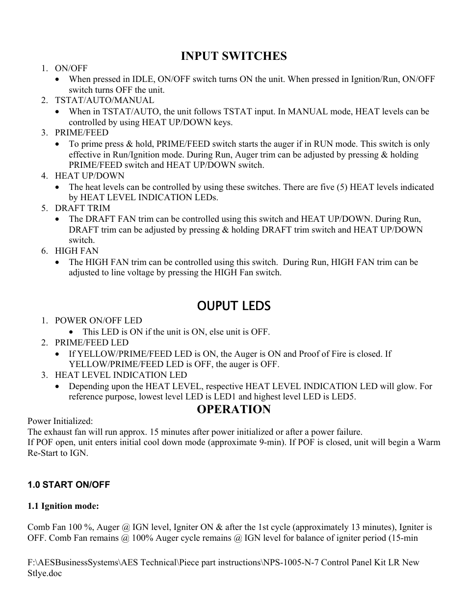 Input switches, Ouput leds, Operation | American Energy Systems NPS-1005-N-7 Control Panel User Manual | Page 9 / 11