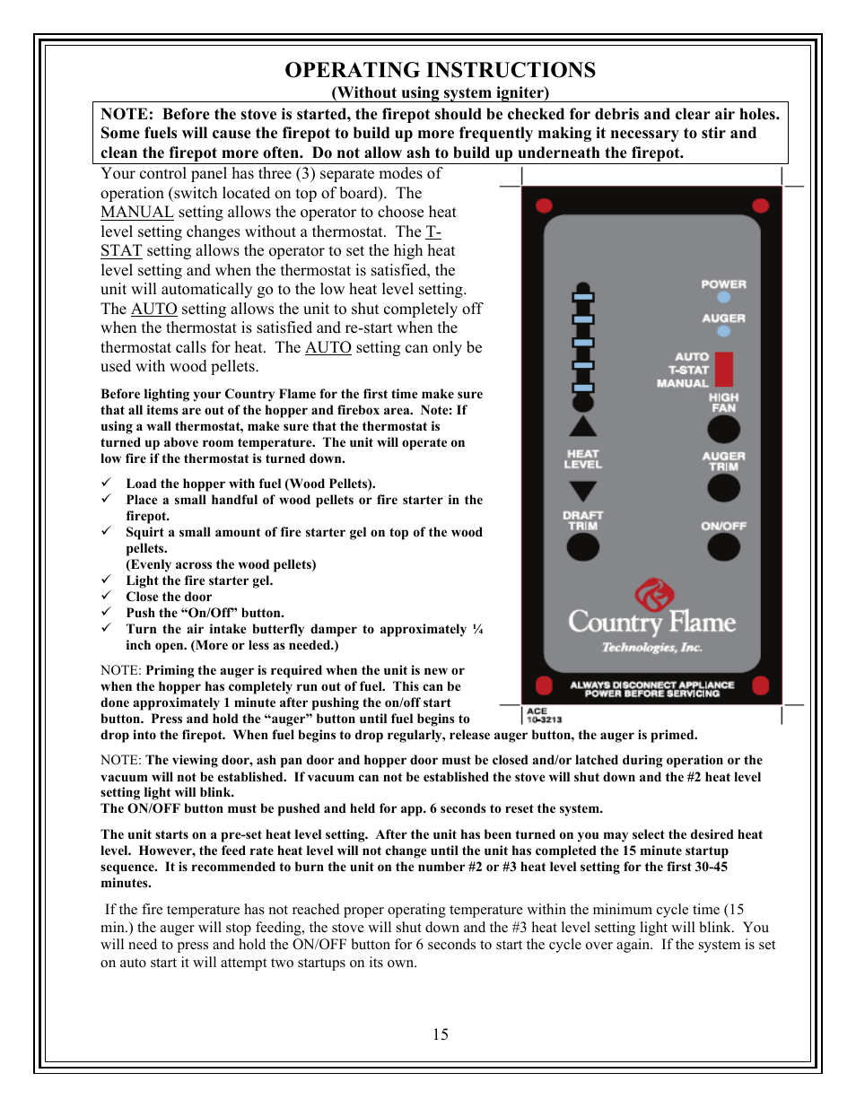 Operating instructions | American Energy Systems Country Flame Little Rascal User Manual | Page 15 / 35