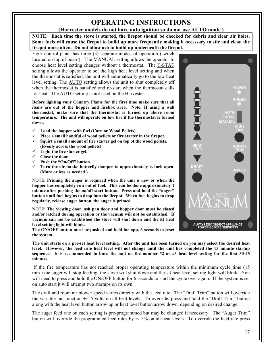 Operating instructions | American Energy Systems Harvester User Manual | Page 17 / 44