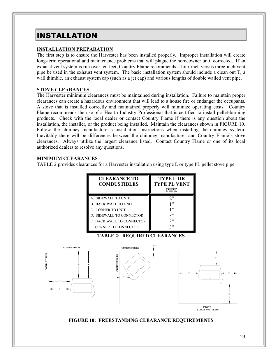 Installation, 3” table 2: required clearances, Figure 10: freestanding clearance requirements | American Energy Systems Harvester User Manual | Page 23 / 44