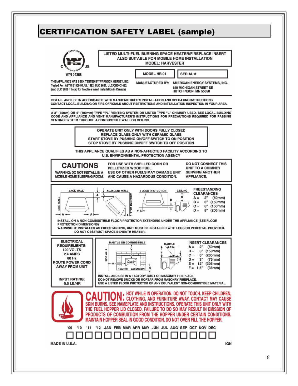 Certification safety label (sample) | American Energy Systems Harvester User Manual | Page 6 / 44