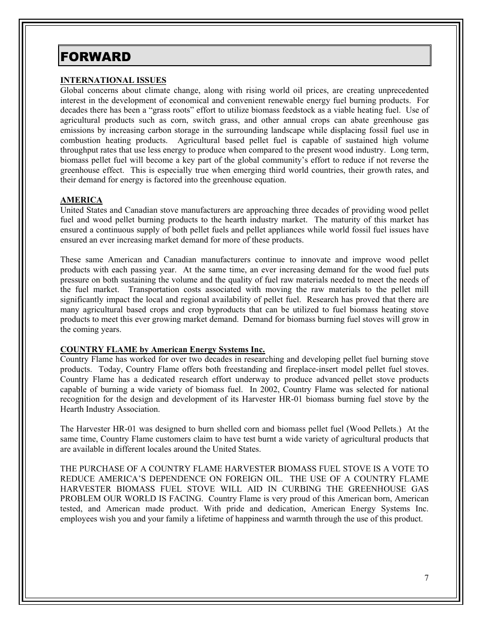 Forward | American Energy Systems Harvester User Manual | Page 7 / 44