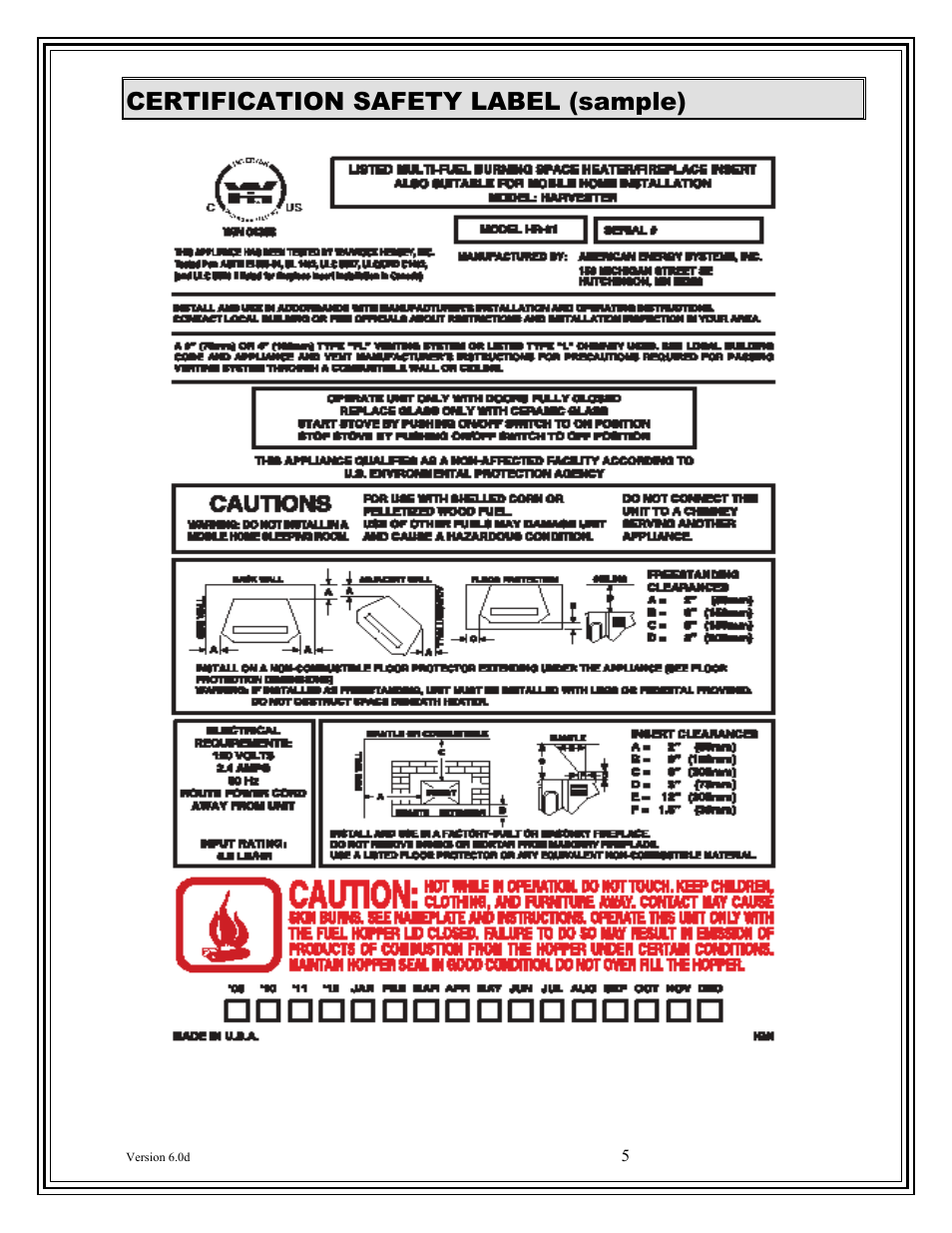 Certification safety label (sample) | American Energy Systems Harvester User Manual | Page 5 / 57