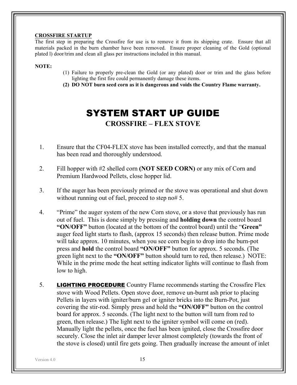 System start up guide, Crossfire – flex stove | American Energy Systems Crossfire Flex User Manual | Page 15 / 58