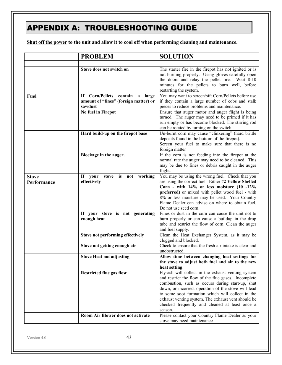 Appendix a: troubleshooting guide, Problem solution | American Energy Systems Crossfire Flex User Manual | Page 43 / 58