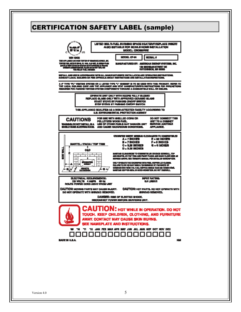 Certification safety label (sample) | American Energy Systems Crossfire Flex User Manual | Page 5 / 58