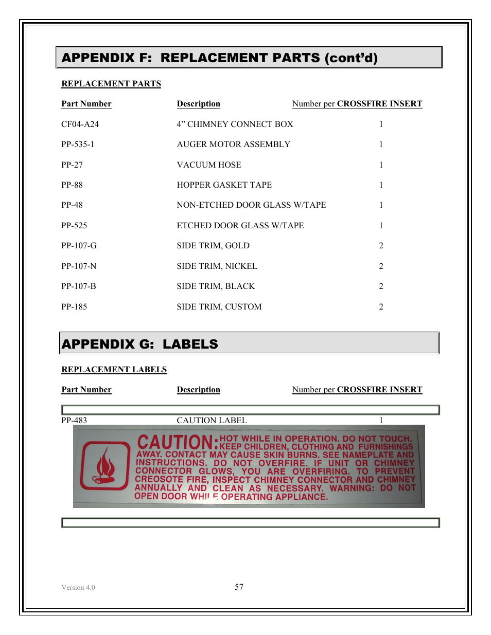 Appendix f: replacement parts (cont’d), Appendix g: labels | American Energy Systems Crossfire Flex User Manual | Page 57 / 58