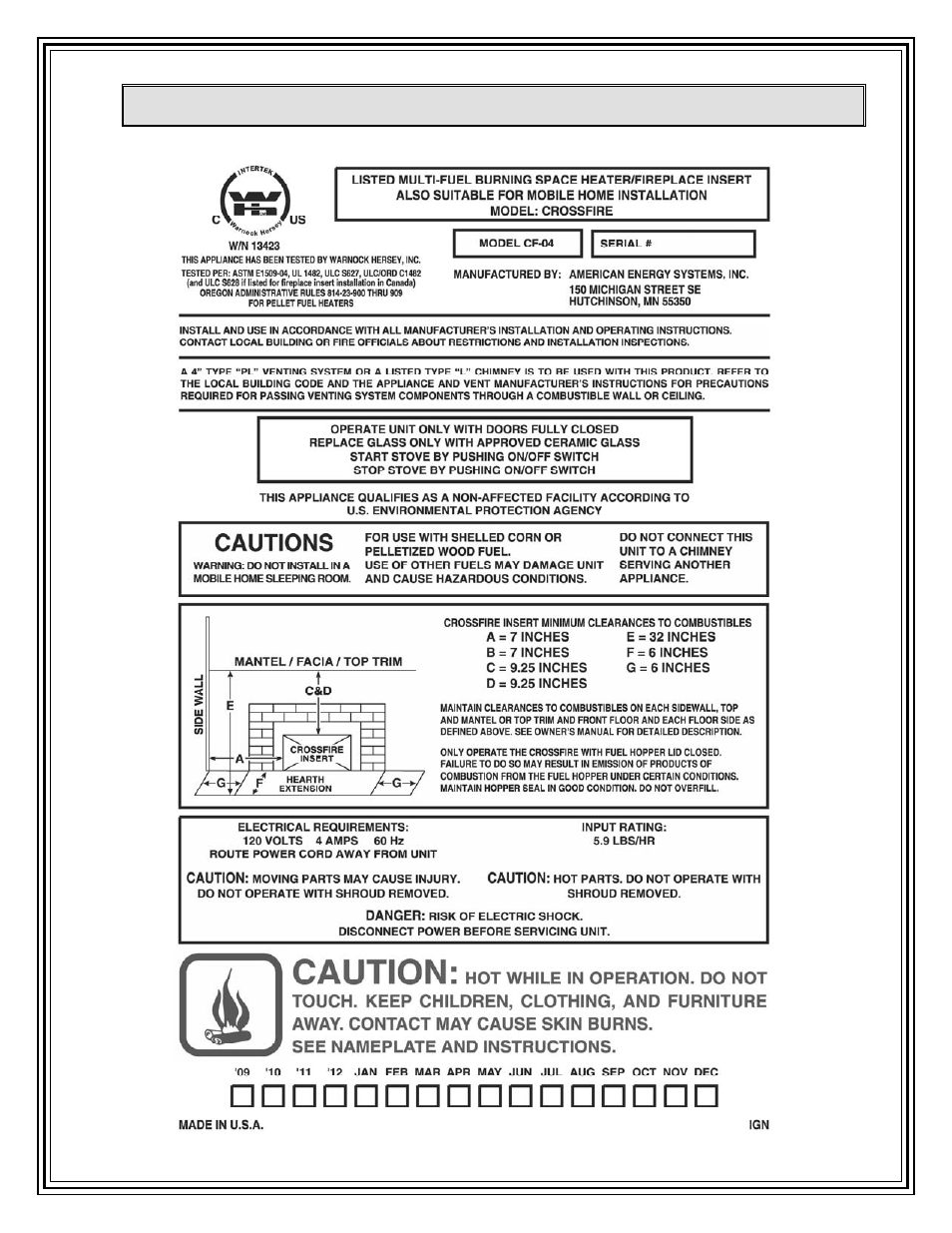 Certification safety label (sample) | American Energy Systems Crossfire Flex User Manual | Page 5 / 54