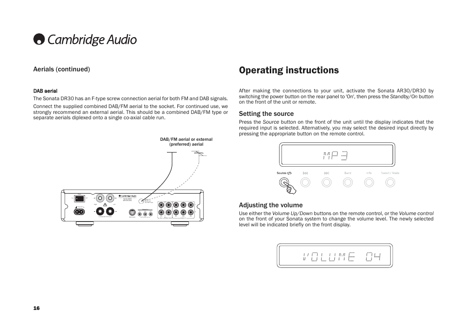 Operating instructions, Setting the source, Adjusting the volume | Cambridge Audio DR30 User Manual | Page 16 / 26