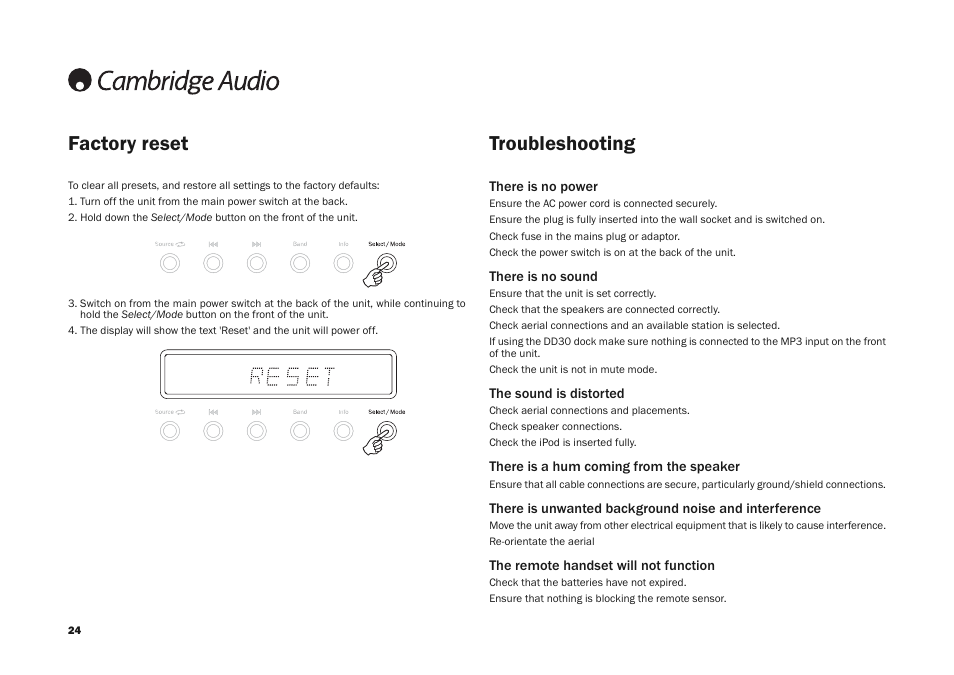 Troubleshooting, Factory reset | Cambridge Audio DR30 User Manual | Page 24 / 26