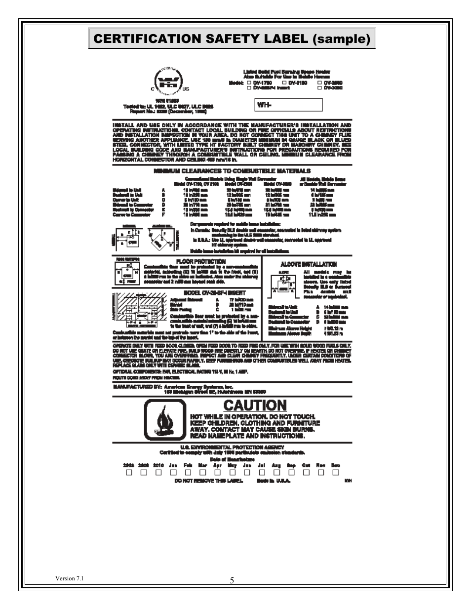 Certification safety label (sample) | American Energy Systems Ovation User Manual | Page 5 / 53