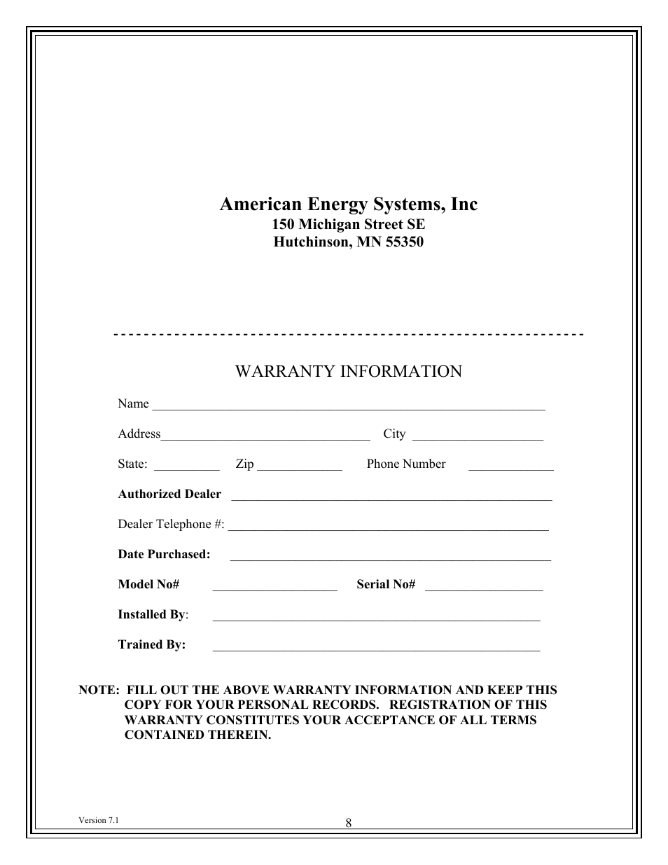 American energy systems, inc, Warranty information | American Energy Systems Ovation User Manual | Page 8 / 53