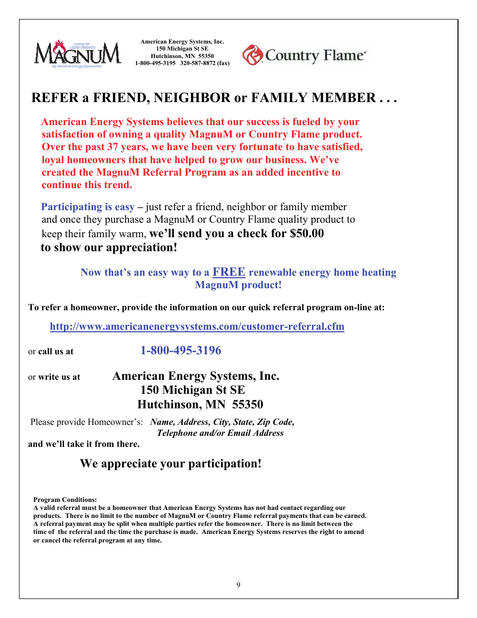 Refer a friend, neighbor or family member, Free, We appreciate your participation | American Energy Systems Catalytic BBF User Manual | Page 9 / 63