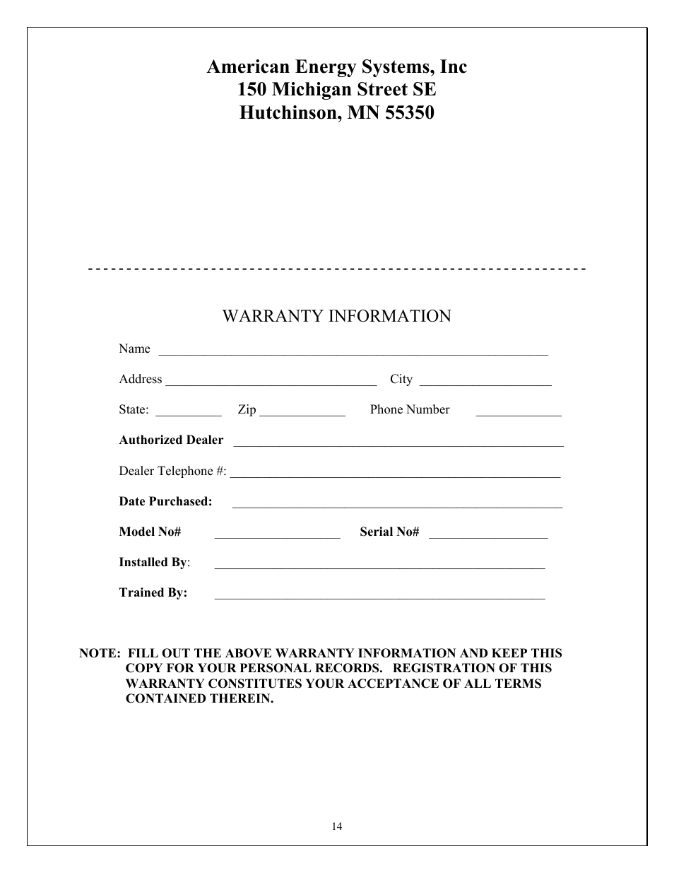 Warranty information | American Energy Systems O2 Catalytic User Manual | Page 14 / 83