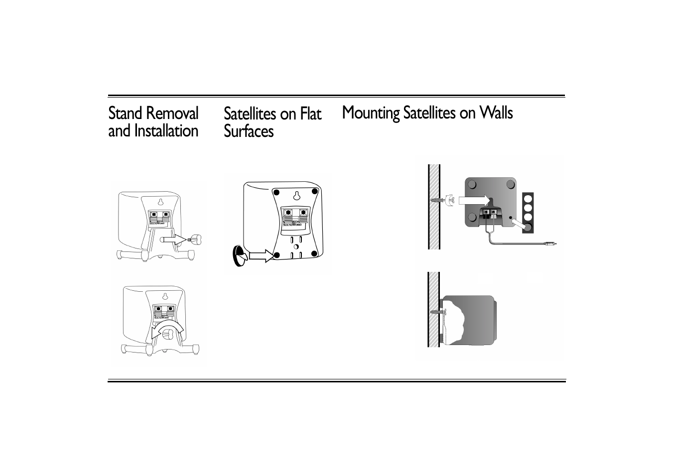Stand removal and installation, Satellites on flat surfaces, Mounting satellites on walls | Cambridge Audio 510D User Manual | Page 8 / 20