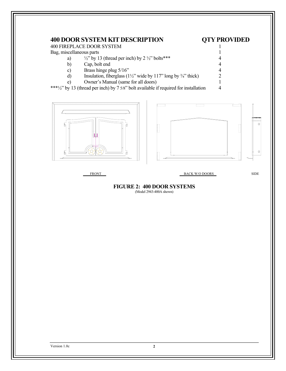 400 door system kit description qty provided | American Energy Systems Universal Doors User Manual | Page 12 / 28