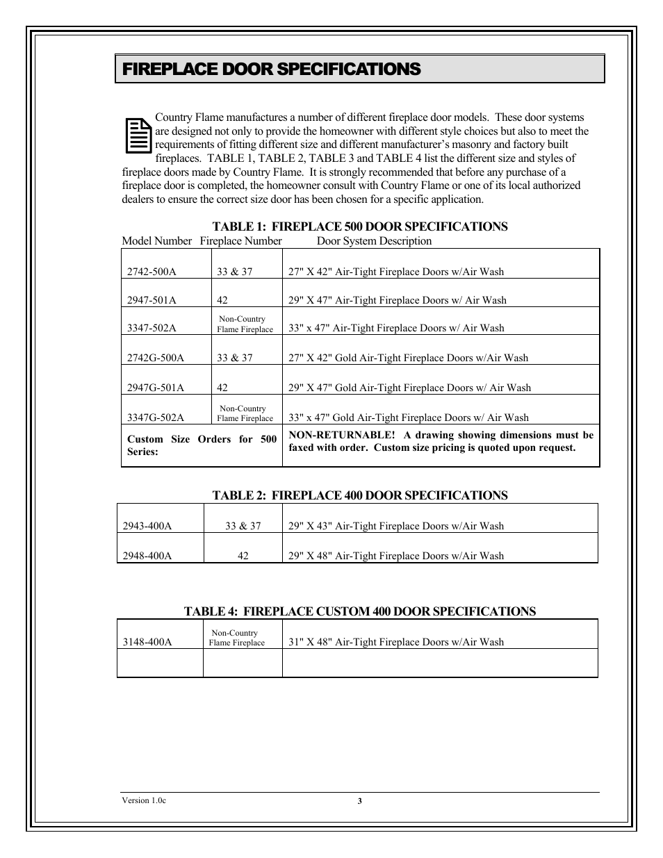 Fireplace door specifications | American Energy Systems Universal Doors User Manual | Page 13 / 28