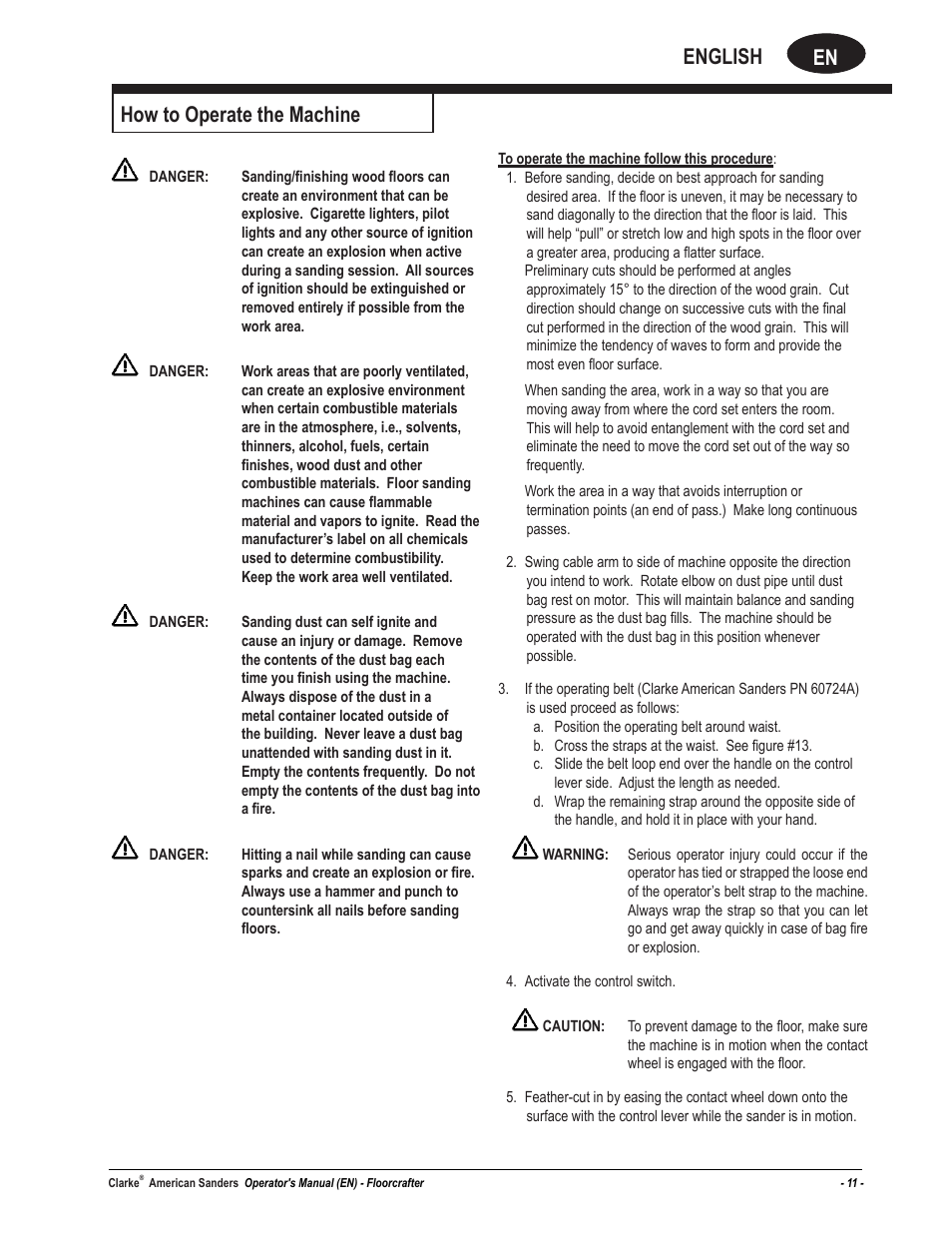 En english, How to operate the machine | American Sanders FloorCrafter Belt Sander User Manual | Page 11 / 76
