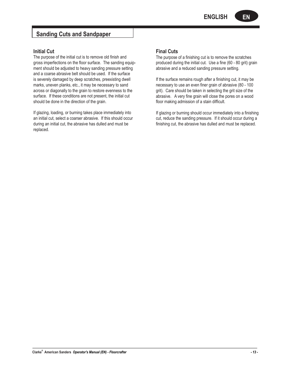 En english, Sanding cuts and sandpaper, Initial cut | Final cuts | American Sanders FloorCrafter Belt Sander User Manual | Page 13 / 76