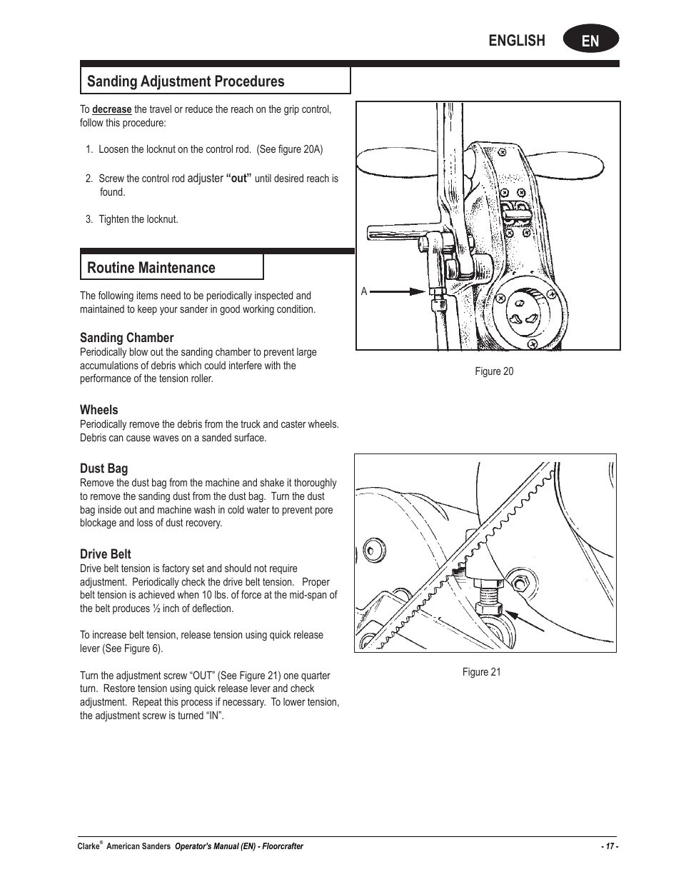 En english, Sanding adjustment procedures, Routine maintenance | American Sanders FloorCrafter Belt Sander User Manual | Page 17 / 76