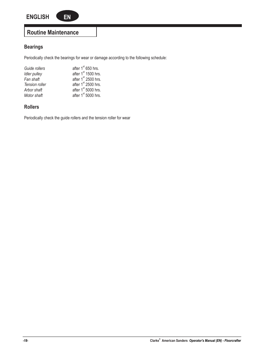 En english, Routine maintenance, Bearings | Rollers | American Sanders FloorCrafter Belt Sander User Manual | Page 18 / 76