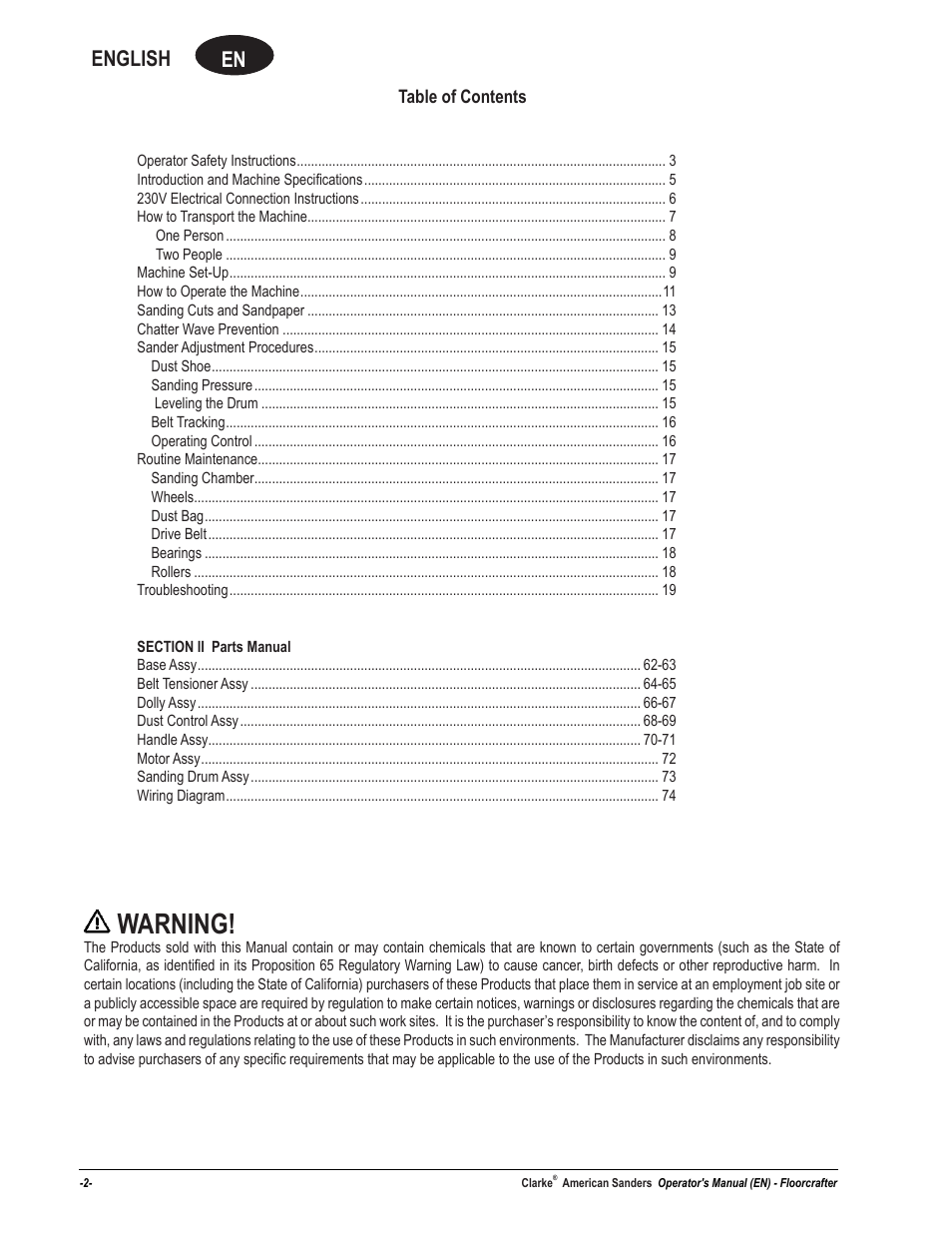 Warning, En english | American Sanders FloorCrafter Belt Sander User Manual | Page 2 / 76