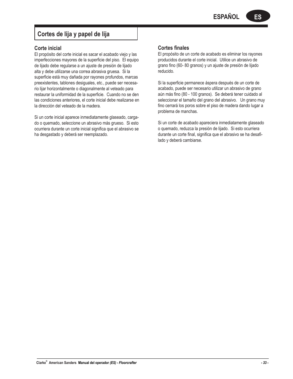 Es español cortes de lija y papel de lija, Corte inicial, Cortes finales | American Sanders FloorCrafter Belt Sander User Manual | Page 33 / 76