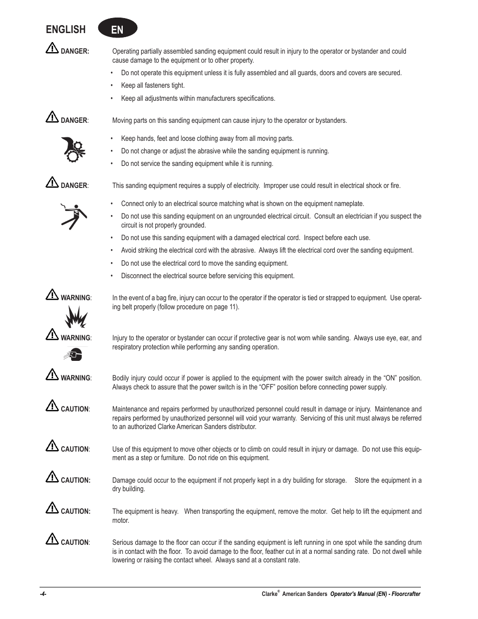 En english | American Sanders FloorCrafter Belt Sander User Manual | Page 4 / 76