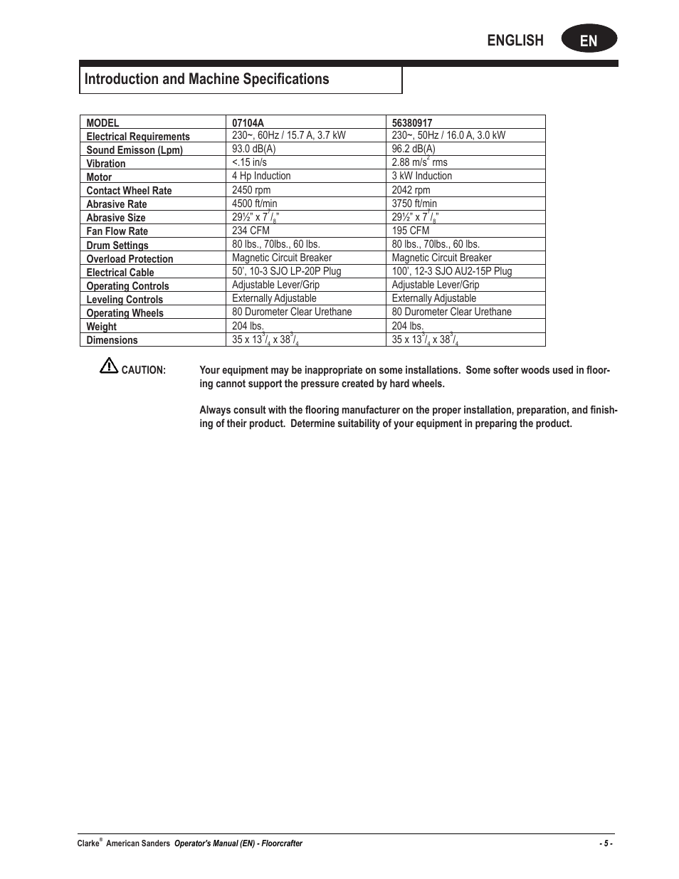 En english, Introduction and machine specifications | American Sanders FloorCrafter Belt Sander User Manual | Page 5 / 76