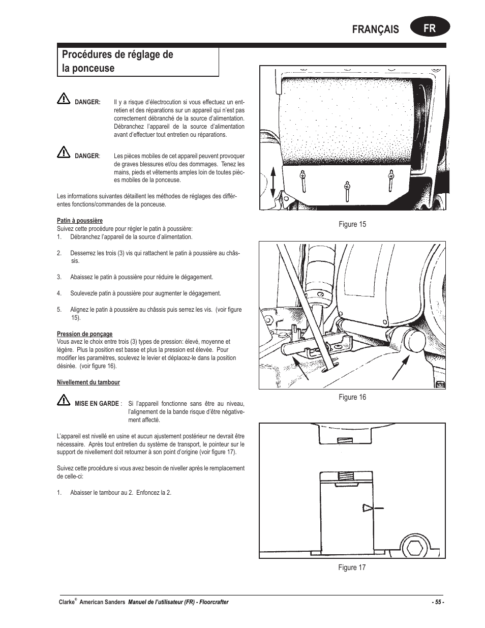 Fr français, Procédures de réglage de la ponceuse | American Sanders FloorCrafter Belt Sander User Manual | Page 55 / 76