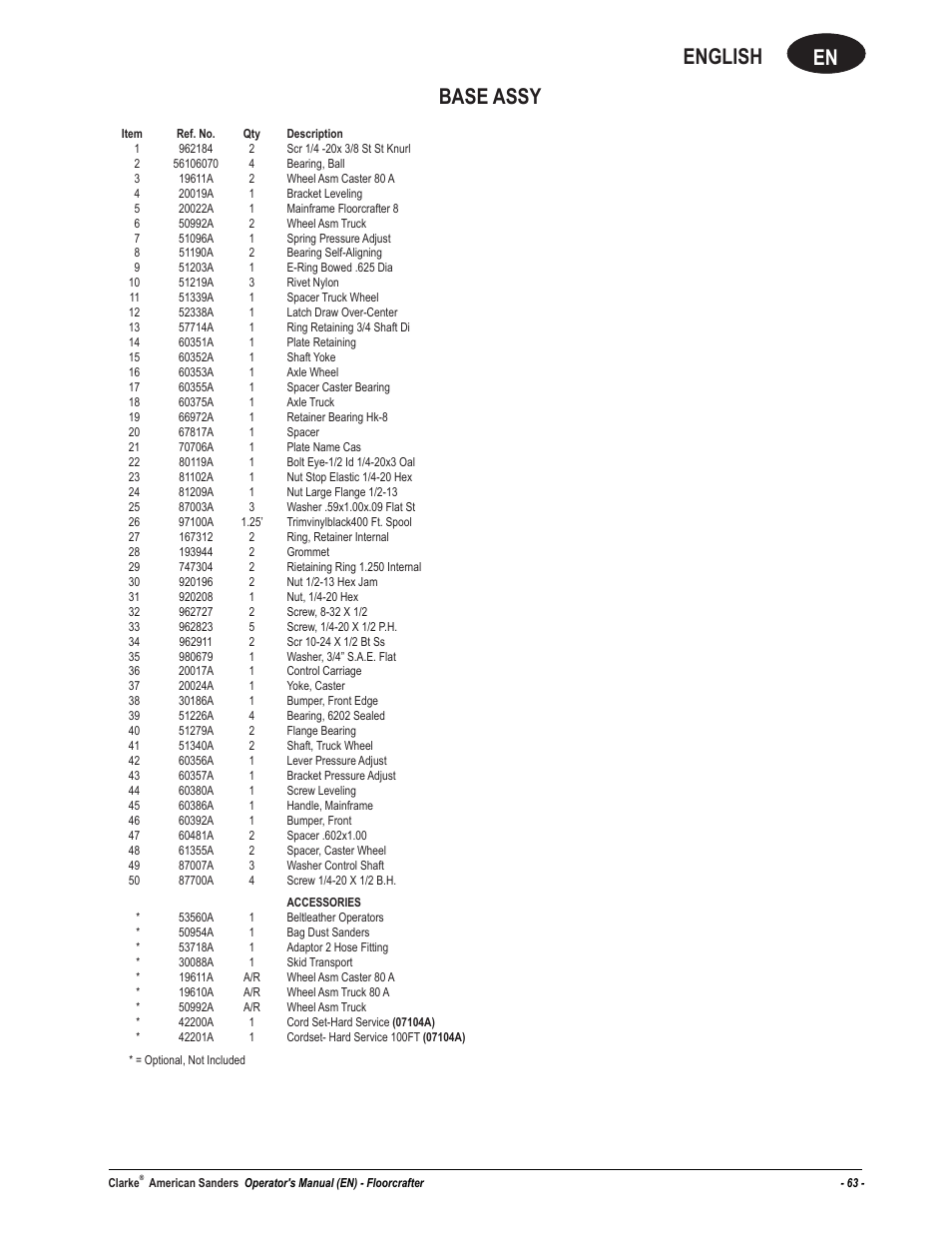 En english, Base assy | American Sanders FloorCrafter Belt Sander User Manual | Page 63 / 76