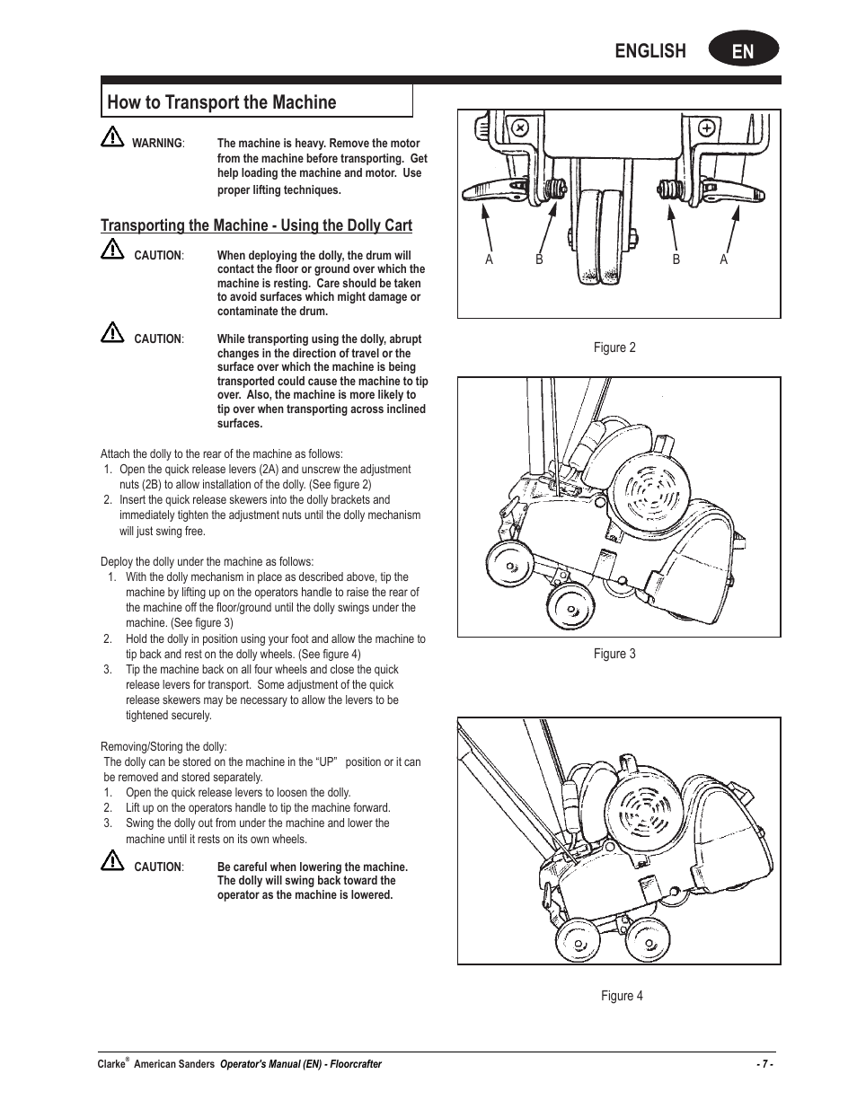 En english, How to transport the machine, Transporting the machine - using the dolly cart | American Sanders FloorCrafter Belt Sander User Manual | Page 7 / 76