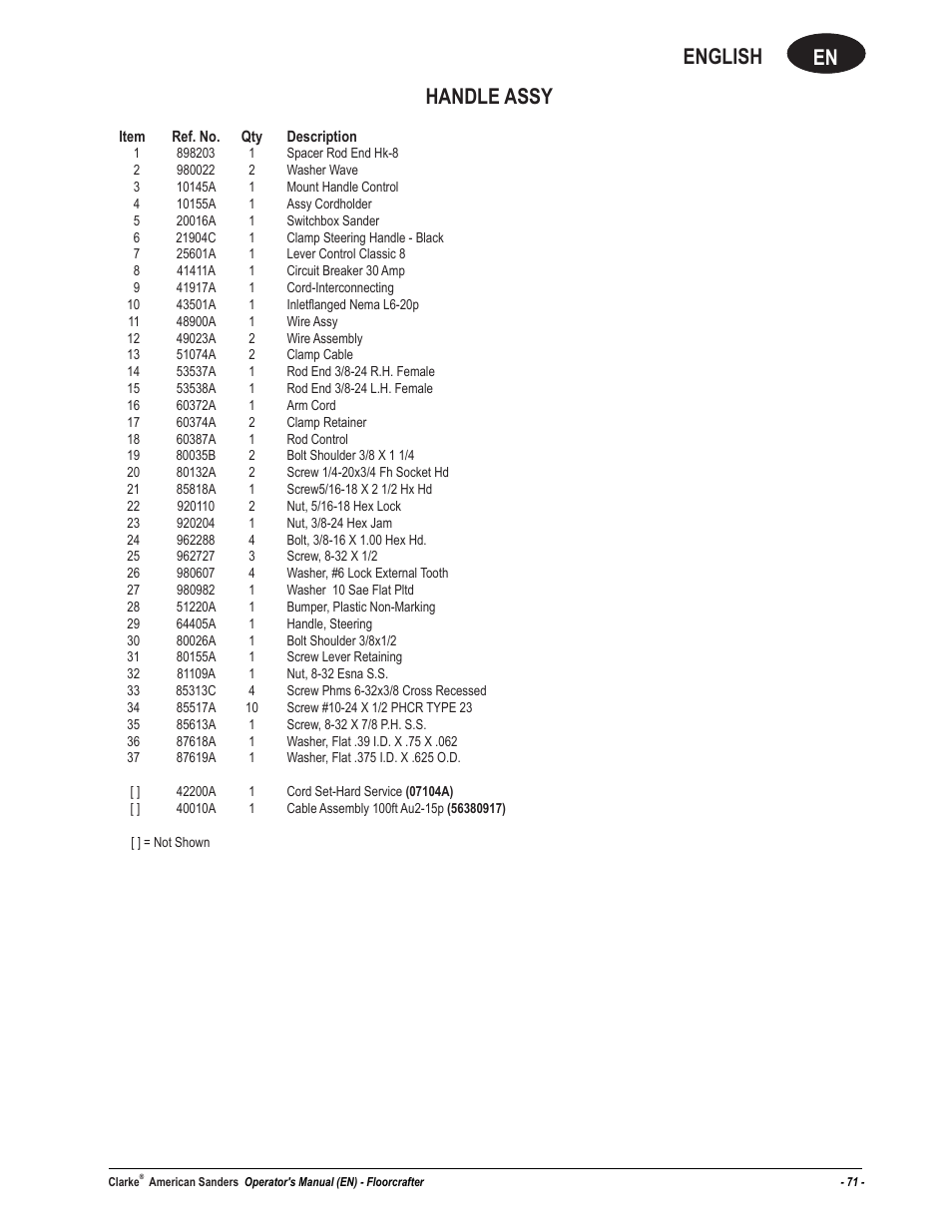 En english, Handle assy | American Sanders FloorCrafter Belt Sander User Manual | Page 71 / 76