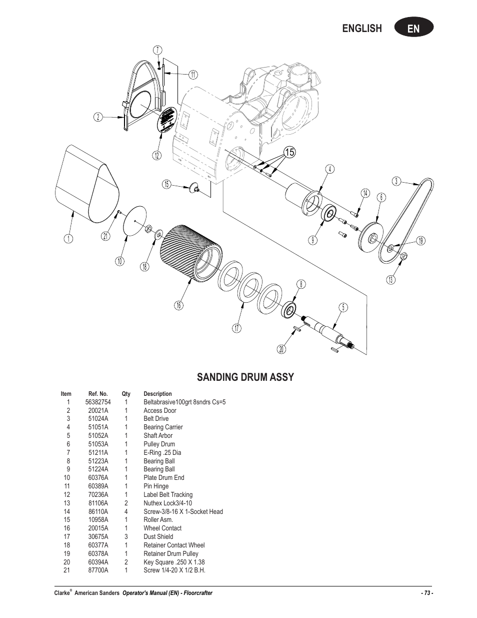 En english, Sanding drum assy | American Sanders FloorCrafter Belt Sander User Manual | Page 73 / 76