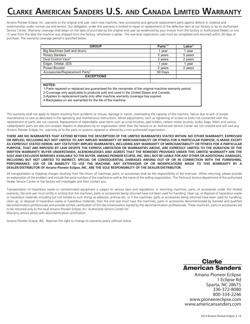 Larke, Merican, Anders | Anada, Imited, Arranty | American Sanders FloorCrafter Belt Sander User Manual | Page 76 / 76
