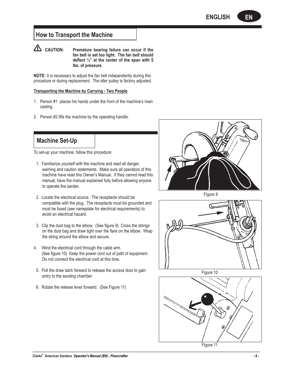 En english, How to transport the machine, Machine set-up | American Sanders FloorCrafter Belt Sander User Manual | Page 9 / 76