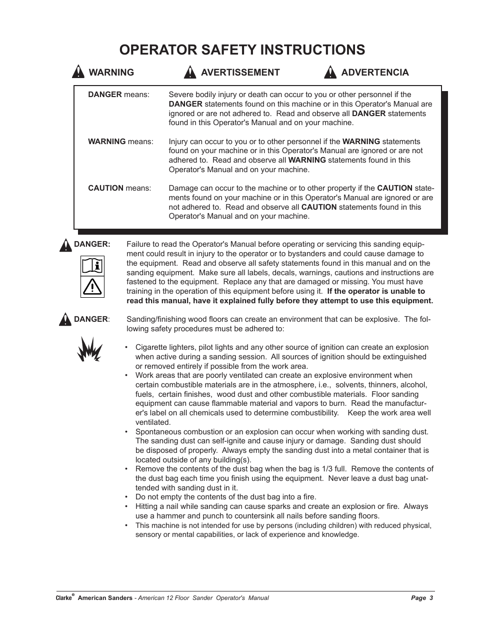 Operator safety instructions | American Sanders American 12 Drum Sanders User Manual | Page 3 / 40