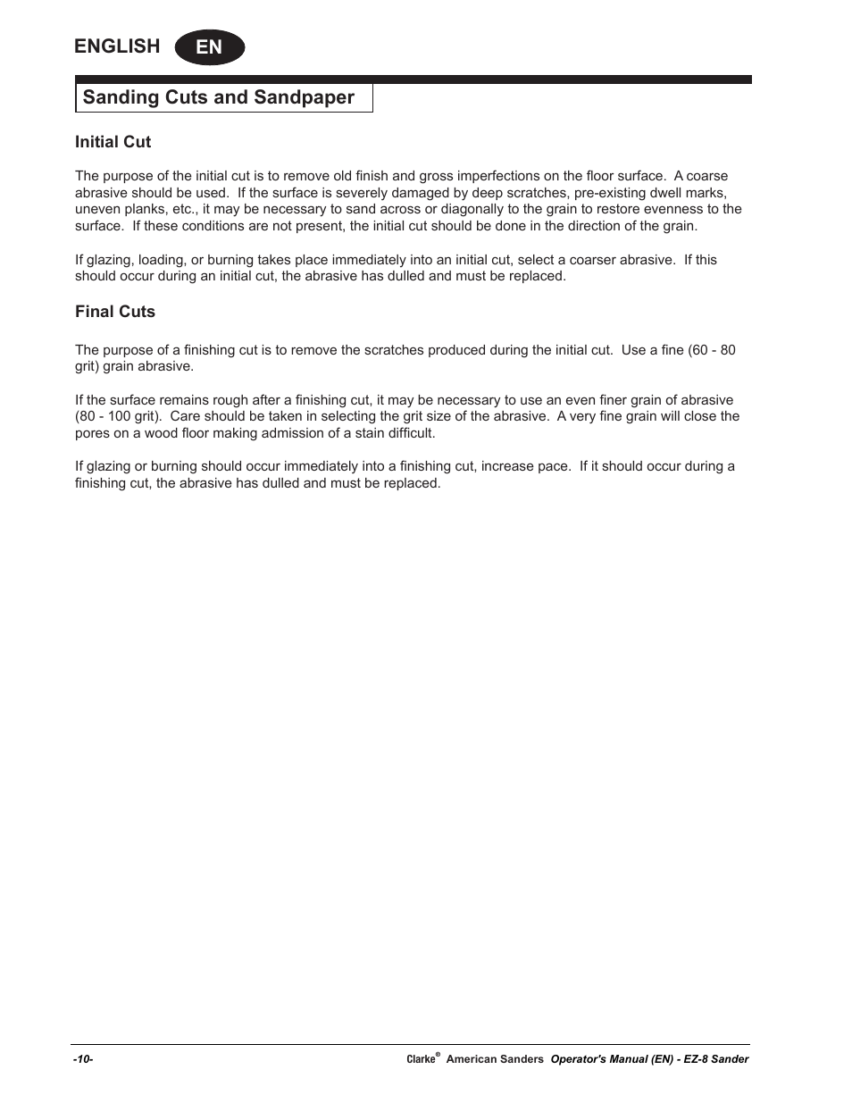 En english, Sanding cuts and sandpaper | American Sanders EZ-8 Drum Sander User Manual | Page 10 / 50
