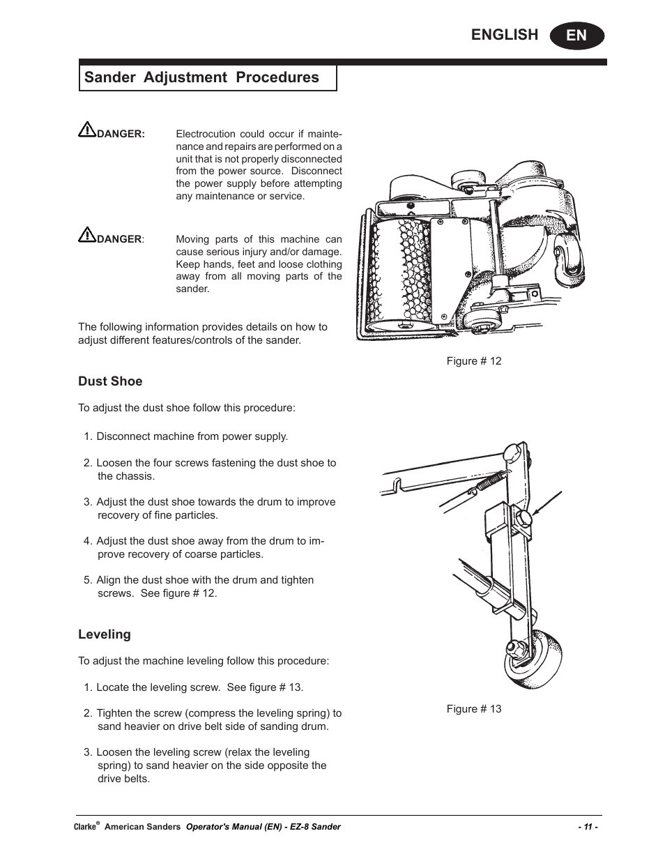 En english, Sander adjustment procedures, Dust shoe | Leveling | American Sanders EZ-8 Drum Sander User Manual | Page 11 / 50