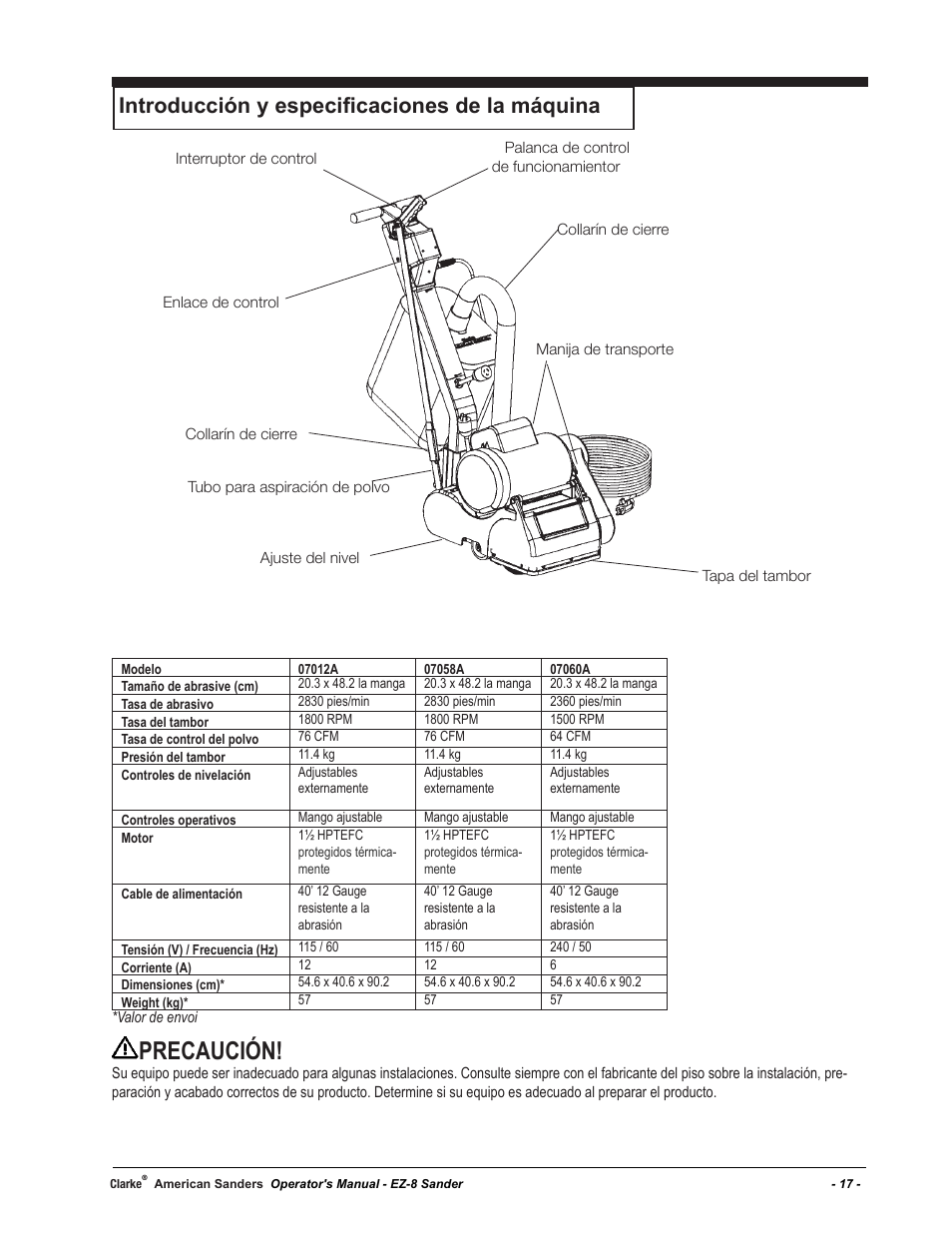 Precaución, Introducción y especificaciones de la máquina | American Sanders EZ-8 Drum Sander User Manual | Page 17 / 50
