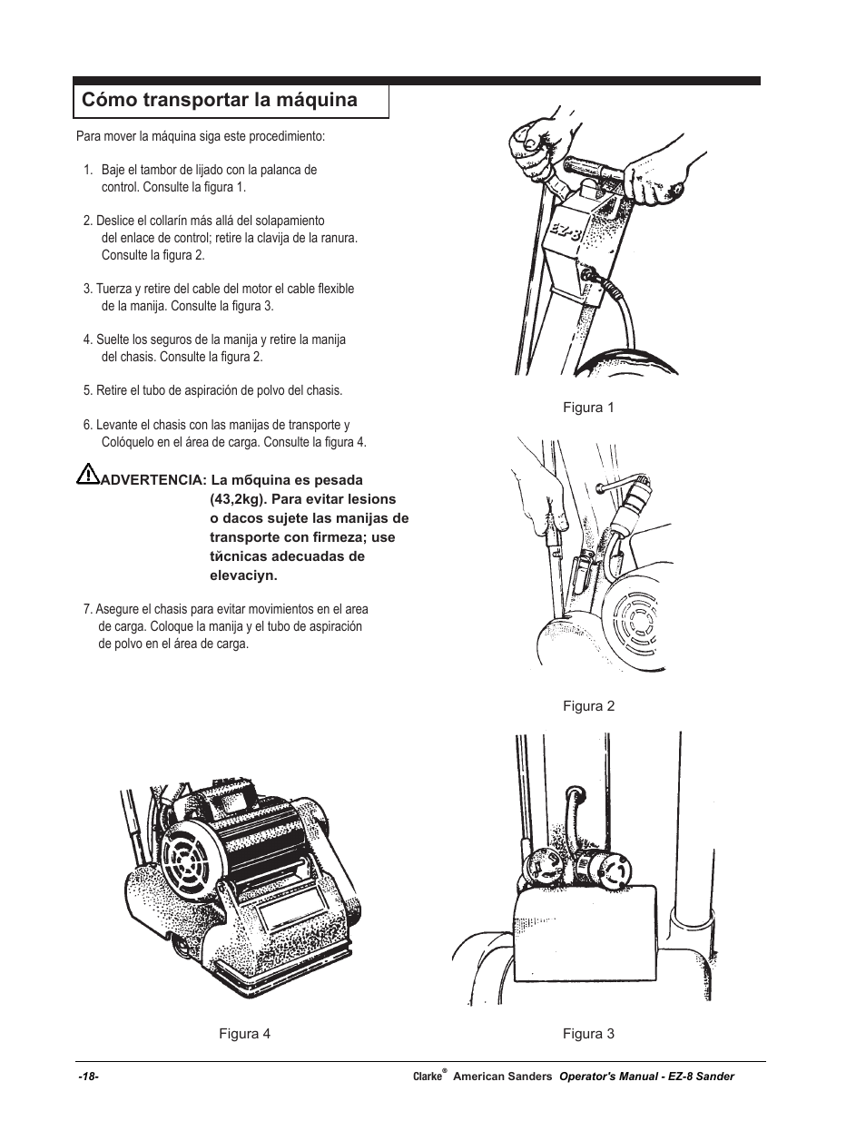 Cómo transportar la máquina | American Sanders EZ-8 Drum Sander User Manual | Page 18 / 50