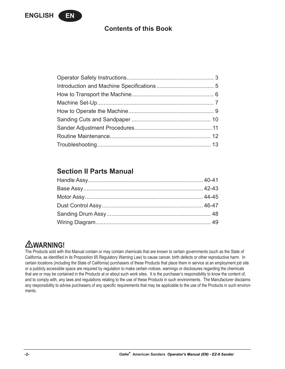 Warning, En english, Contents of this book | American Sanders EZ-8 Drum Sander User Manual | Page 2 / 50