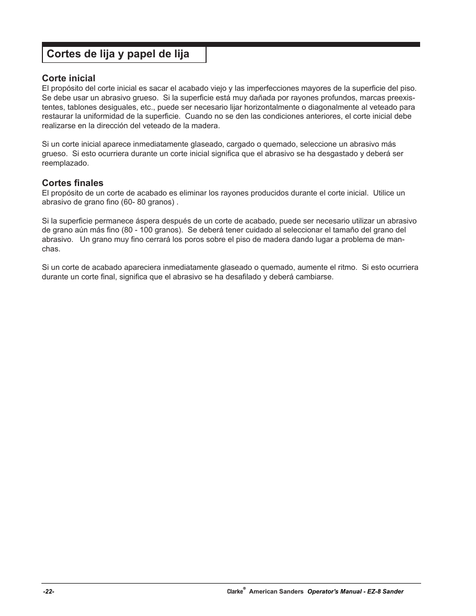 Cortes de lija y papel de lija, Corte inicial, Cortes finales | American Sanders EZ-8 Drum Sander User Manual | Page 22 / 50