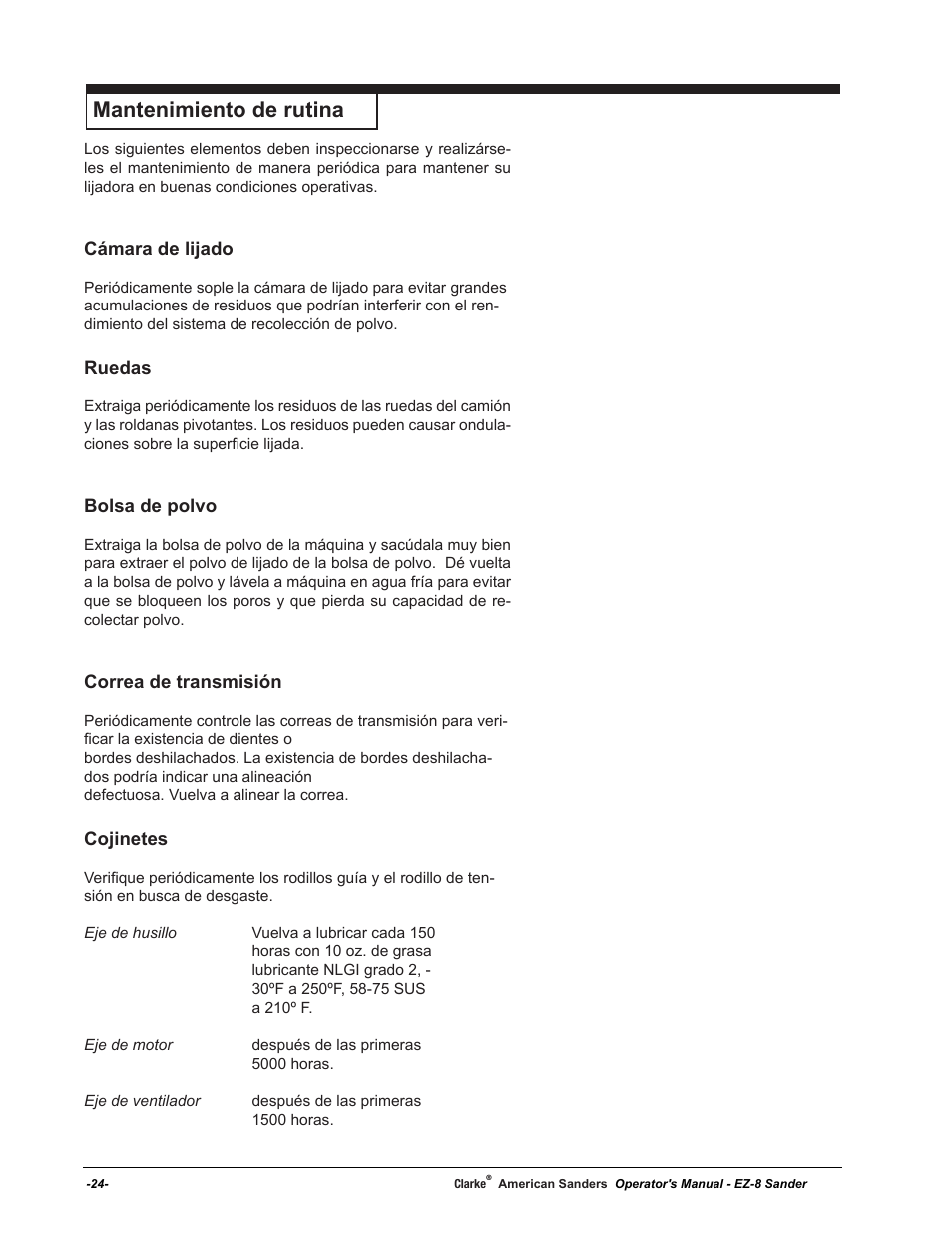 Mantenimiento de rutina | American Sanders EZ-8 Drum Sander User Manual | Page 24 / 50
