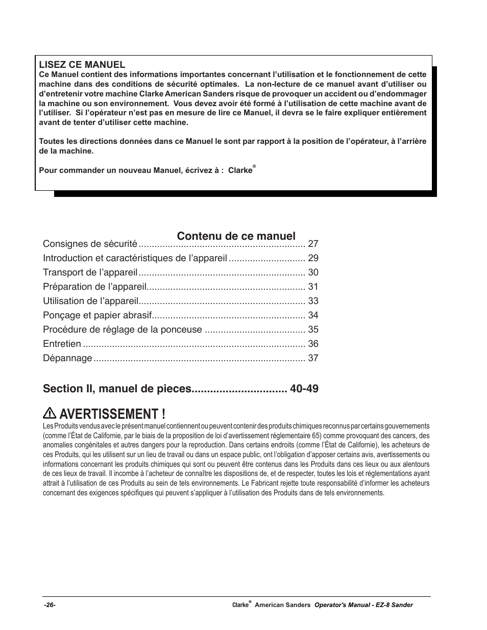 Avertissement, Contenu de ce manuel | American Sanders EZ-8 Drum Sander User Manual | Page 26 / 50