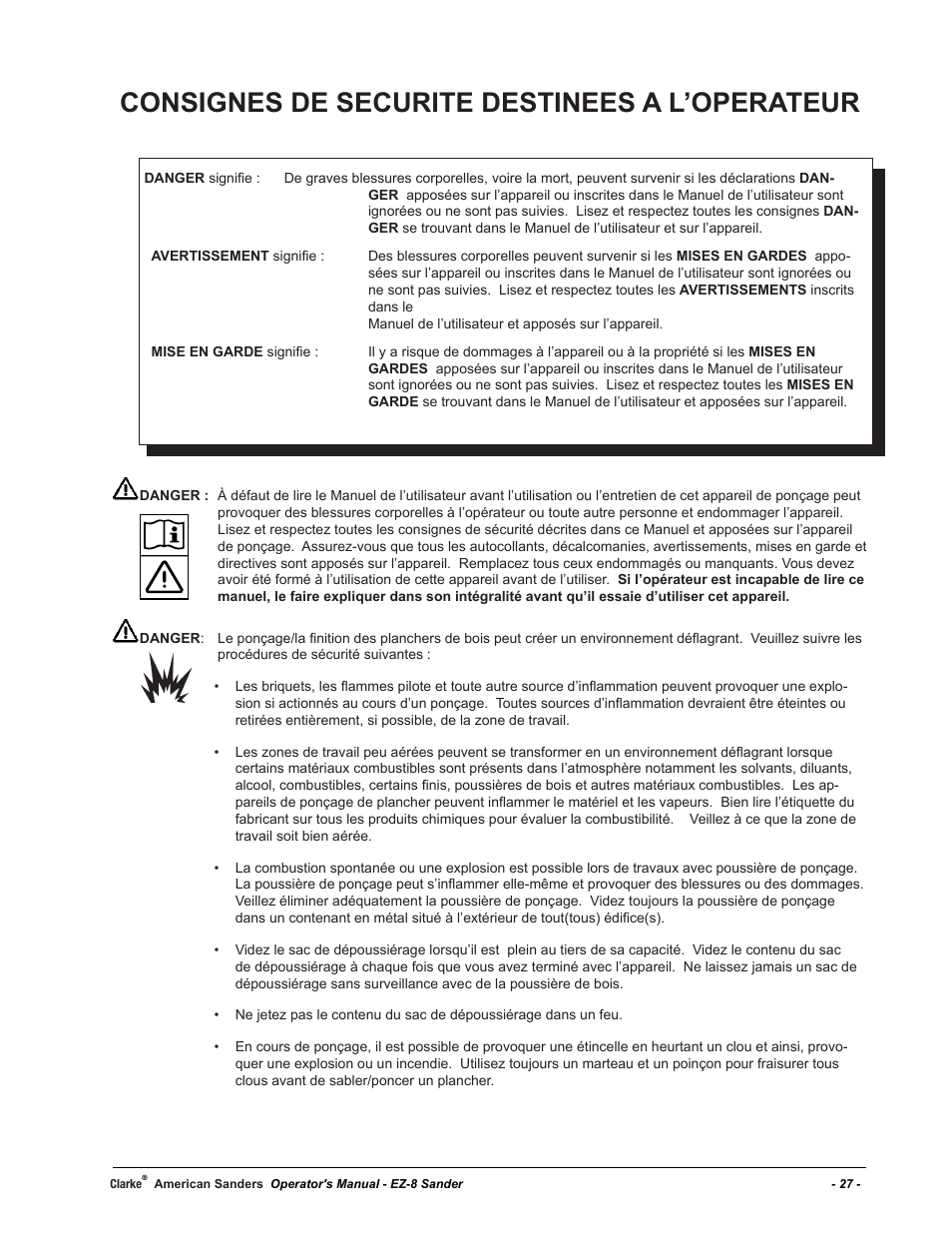 Consignes de securite destinees a l’operateur | American Sanders EZ-8 Drum Sander User Manual | Page 27 / 50