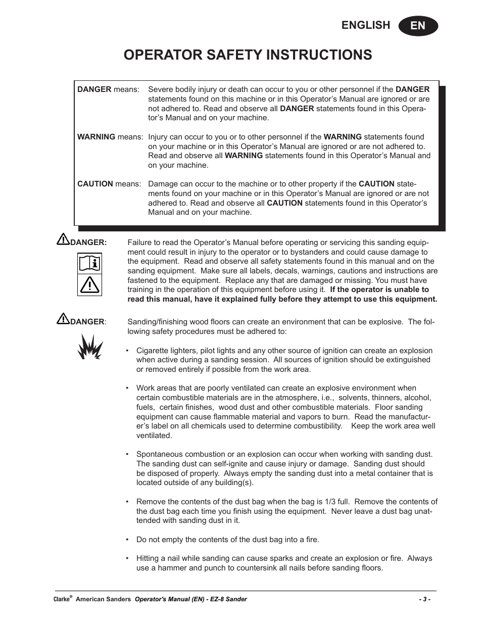 Operator safety instructions, En english | American Sanders EZ-8 Drum Sander User Manual | Page 3 / 50