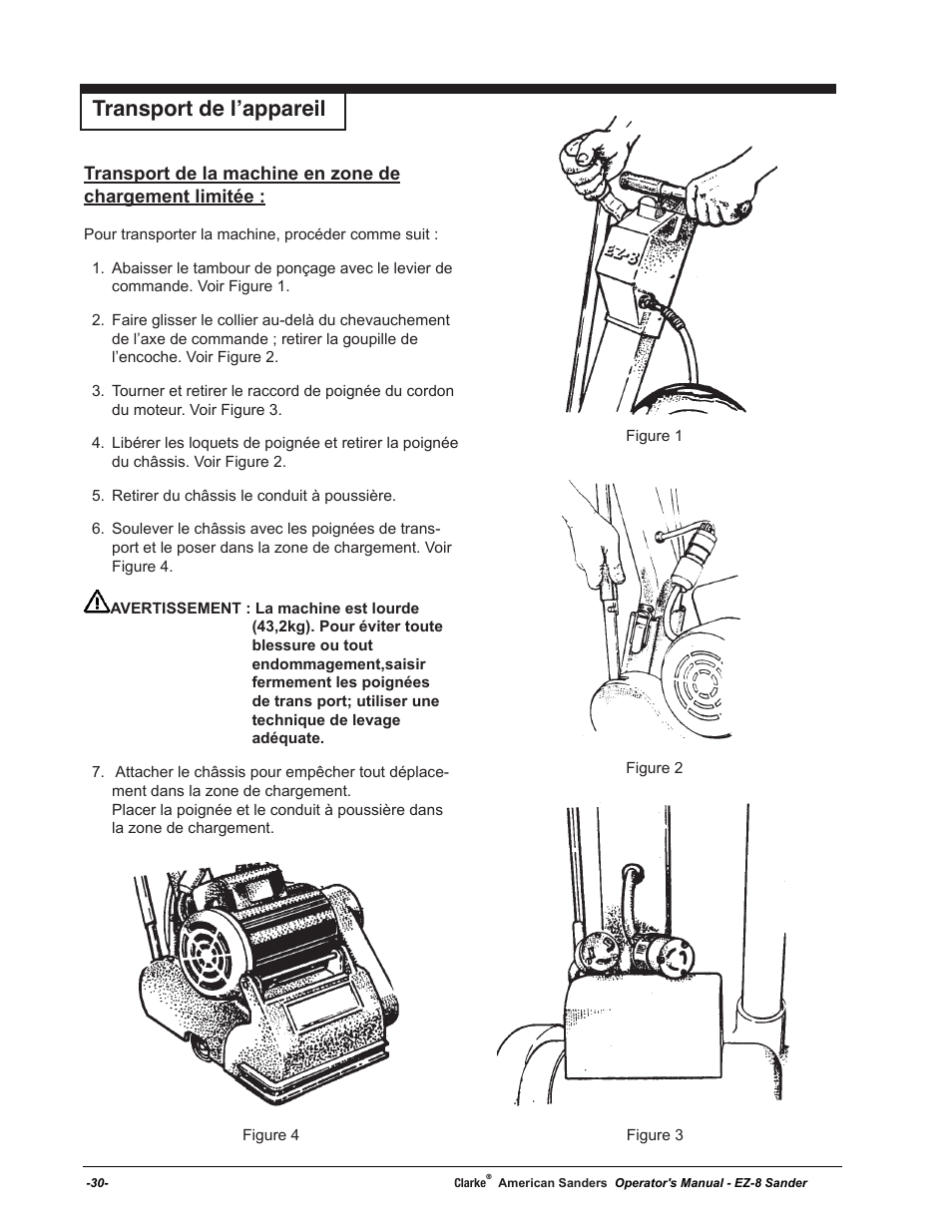 Transport de l’appareil | American Sanders EZ-8 Drum Sander User Manual | Page 30 / 50