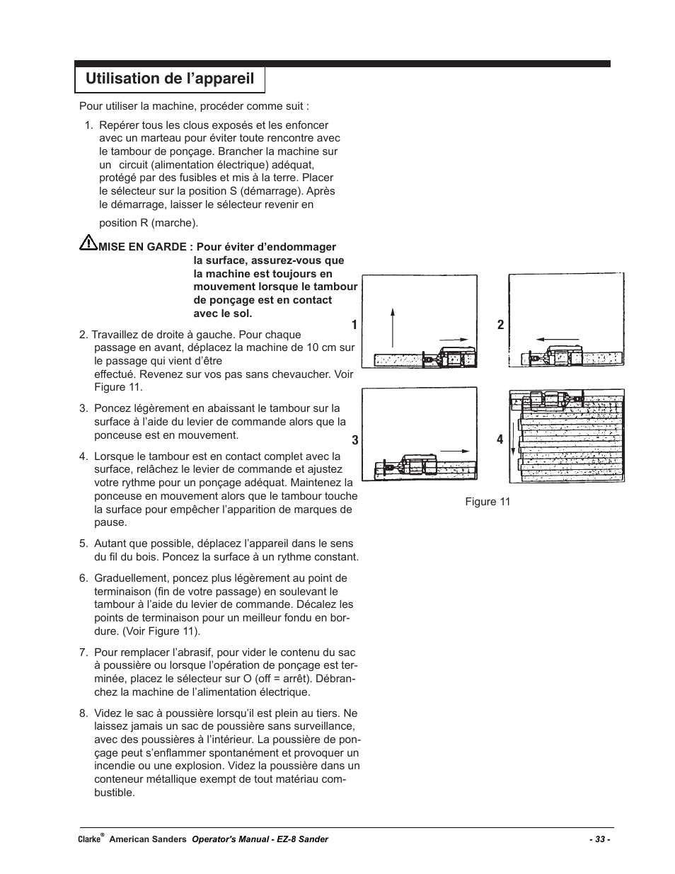 Utilisation de l’appareil | American Sanders EZ-8 Drum Sander User Manual | Page 33 / 50