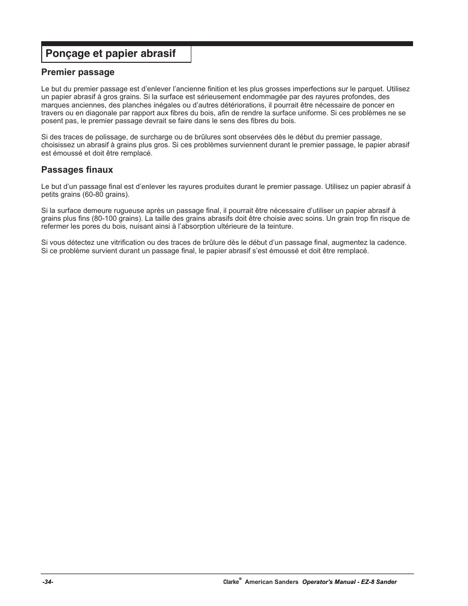 Ponçage et papier abrasif, Premier passage, Passages finaux | American Sanders EZ-8 Drum Sander User Manual | Page 34 / 50